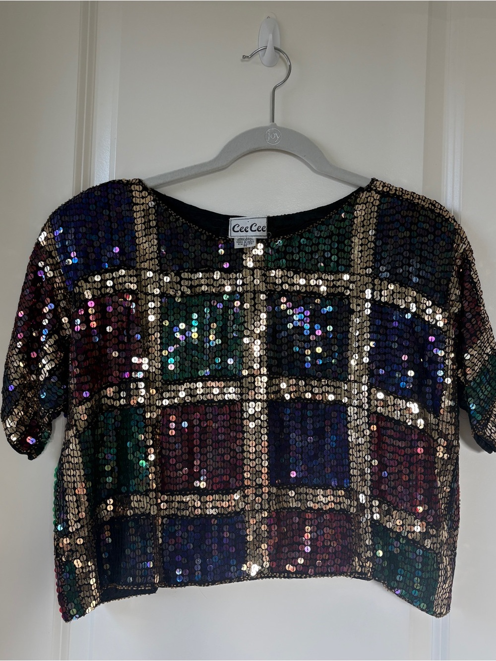 CeCe Multicolor Sequin Grid Crop Top with Gold Accents